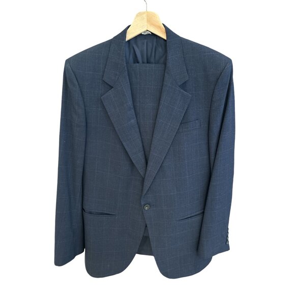 Louis Roth Navy Windowpane Mens Suit Jacket & Trousers Set With Buckle Detail - Picture 1 of 16